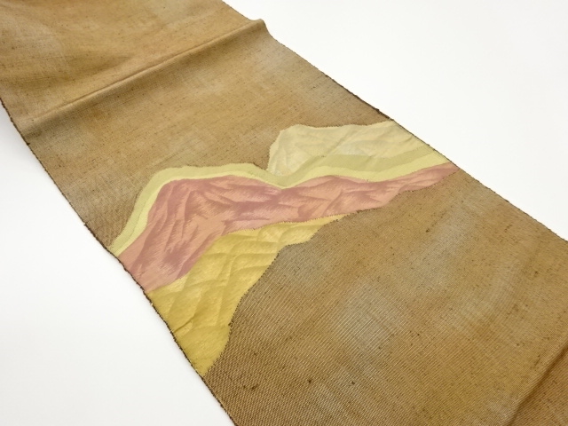 手織り紬山並風景模様織出し名古屋帯